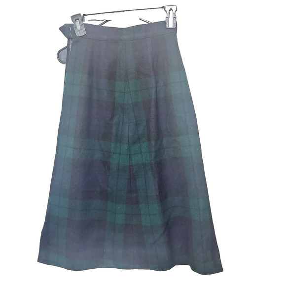 Vintage Pure Wool Plaid Skirt Green Navy Blue Homemade Tartan Midi Size XS - Picture 1 of 7